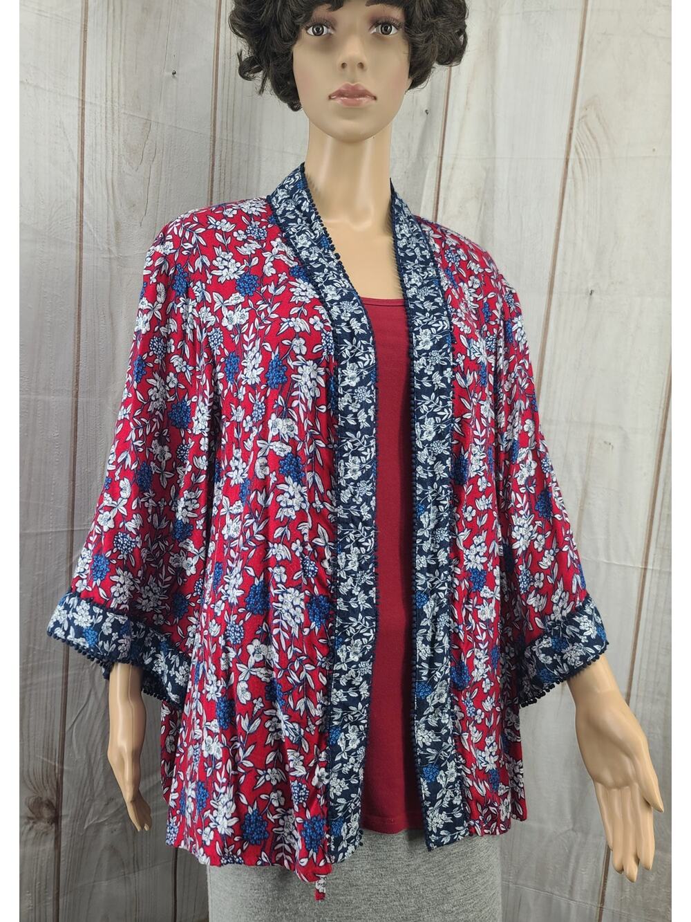Allison Daley PL Red White Blue Kimono Cardigan Rayon Floral Pattern Navy Trim